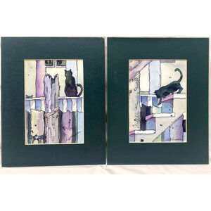 2 signed Val Persoon Cat Prints - Fish for Dinner I & II